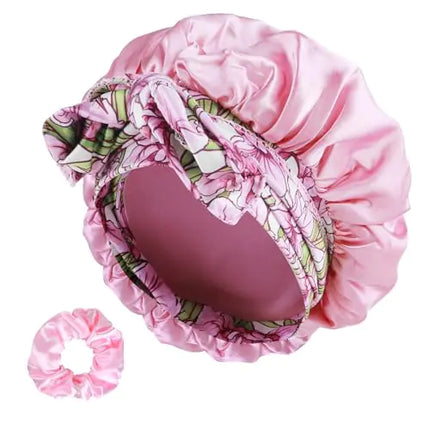 Satin Bonnet for Sleeping Large Silk Sleep Cap Satin Hair Bonnets with Printed Tie Band and Scrunchies Shower Caps for Women Curly Hair(Pink)