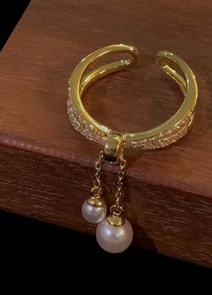 Electroplated Baroque Pearl Zircon Double-layer Ring