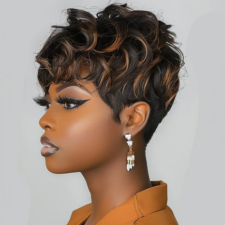 Short Pixie Cut Wig for Black Women - Black Mixed Brown Layered Wavy Pixie Wig with Bangs