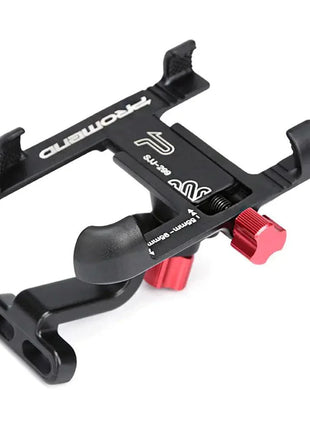PROMEND Aluminum Alloy Phone Mount securely holding a smartphone on a bicycle handlebar with 360-degree rotation