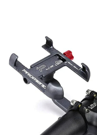 PROMEND Aluminum Alloy Phone Mount securely attached to bicycle handlebars with 360-degree rotation and adjustable grip