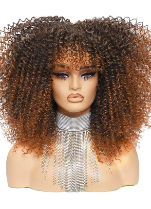 DZfirst 16 Inch Curly Wig with Bangs - Glueless Afro Kinky Curly Synthetic Wig for Black Women