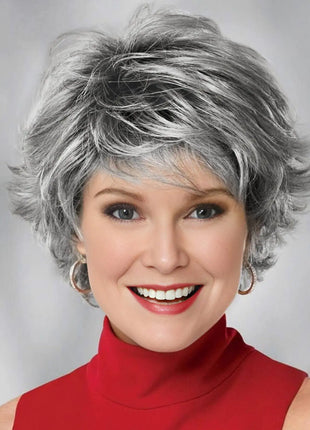 MIMAN Short Grey Shaggy Wig for Women - 12 Inch Razor Cut Layered Synthetic Wig with Bangs