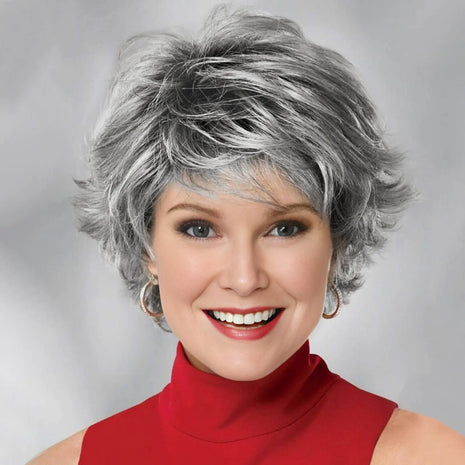 MIMAN Short Grey Shaggy Wig for Women - 12 Inch Razor Cut Layered Synthetic Wig with Bangs