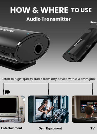 Audio transmitter with examples of use cases on a gray background