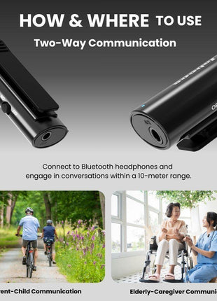 Two-way communication devices with usage scenarios on a gray background