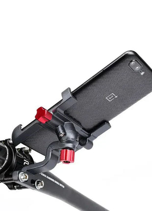 PROMEND Aluminum Alloy Phone Mount securely holding a smartphone on a bicycle handlebar with 360-degree rotation