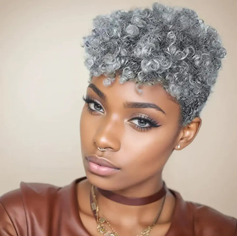 BeiSD Short Afro Curly Gray Wig for Black Women