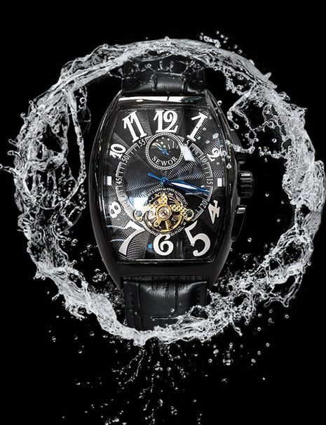 Men's Tourbillon Automatic Mechanical Watch with Leather Strap