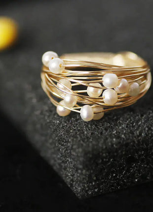 Handcrafted Metal Wire Pearl Stacking Ring for Women