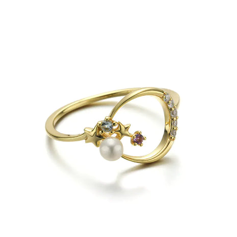 S925 Silver Minimalist Star Moon Amethyst Pearl Ring