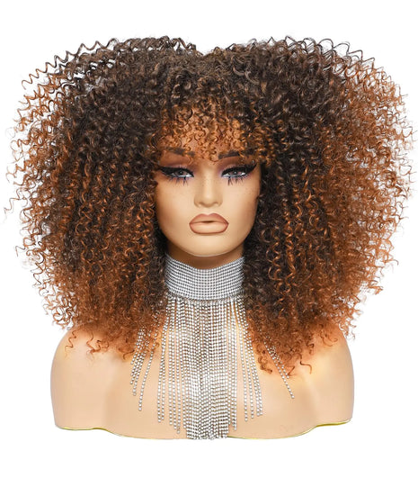 DZfirst 16 Inch Curly Wig with Bangs - Glueless Afro Kinky Curly Synthetic Wig for Black Women