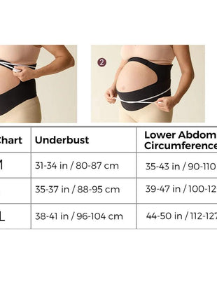 Size chart for a black waist trainer with measurements shown on a person's torso.