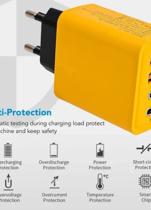 Yellow fast charging 4 ports mobile phone charger with dual PD and dual USB outputs