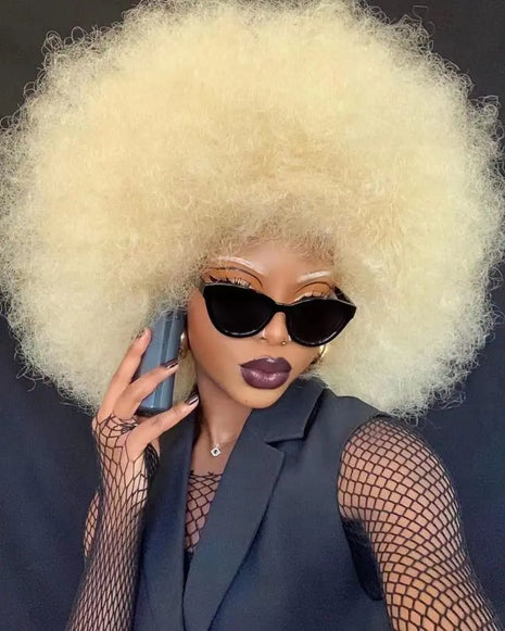 ANNISOUL 613 Platinum Blonde Afro Wig - Short Kinky Curly 70s Retro Bouncy Fluffy Puff Wig
