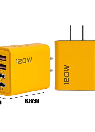 Yellow fast charging 4 ports mobile phone charger with dual PD and dual USB ports