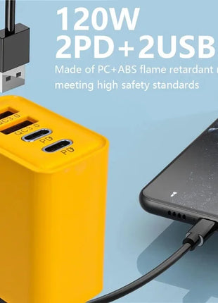 Yellow fast charging 4 ports mobile phone charger with dual PD and USB outputs