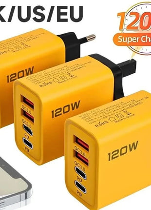 Yellow fast charging 4 ports mobile phone charger with dual PD and dual USB ports