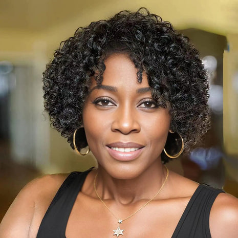 Velicoo 10 Inch Short Kinky Curly Human Hair Wig