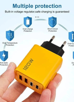 Yellow fast charging 4 ports mobile phone charger with dual PD and USB outputs