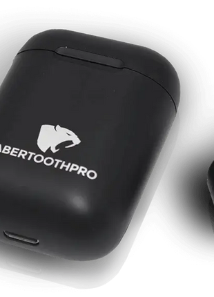 Black wireless earbuds with charging case featuring 'SabertoothPro' logo on a white background