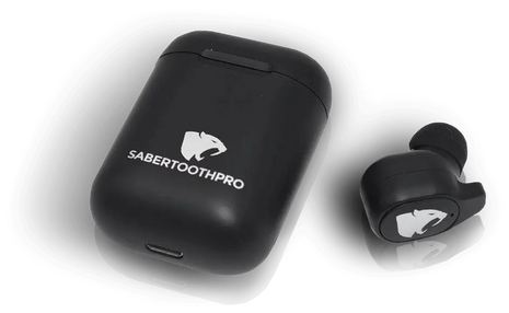 Black wireless earbuds with charging case featuring 'SabertoothPro' logo on a white background