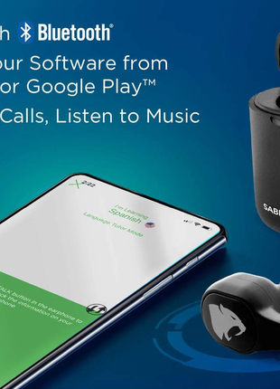 Black wireless earbuds with charging case on a blue background, featuring Bluetooth text and smartphone app interface.