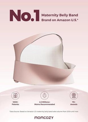 Maternity belly band with branding and product features on a light pink background