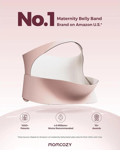 Maternity belly band with branding and product features on a light pink background