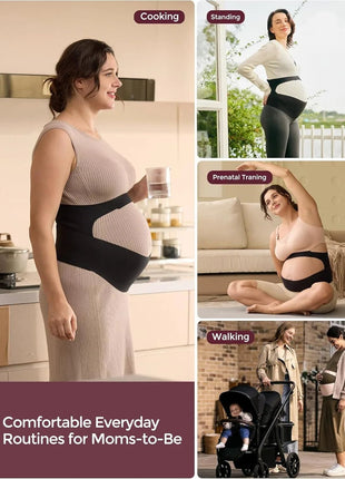 Collage of a woman wearing a black maternity support belt in various activities.