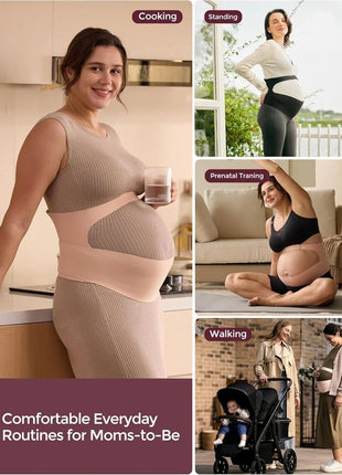 Collage of a pregnant woman wearing a support garment in various activities with text on comfort and routines.