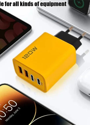 Yellow fast charging 4 ports mobile phone charger with dual PD and dual USB outputs