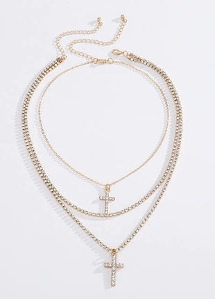 Creative Cross Necklace with Glass Rhinestones Layers