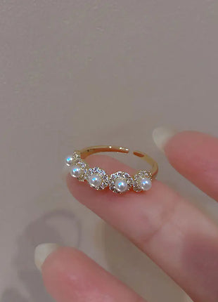 S925 Sterling Silver Adjustable Pearl Ring with Diamonds