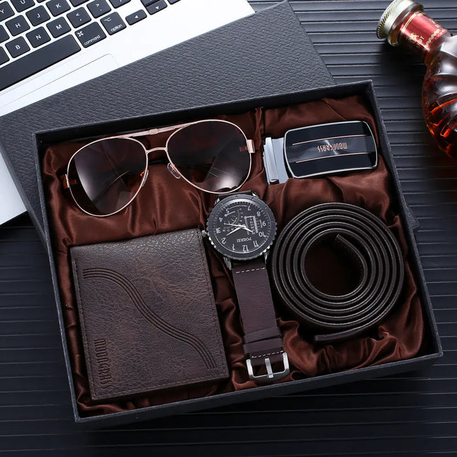 4-Piece Business Gift Set: Wallet, Belt, Glasses, Watch