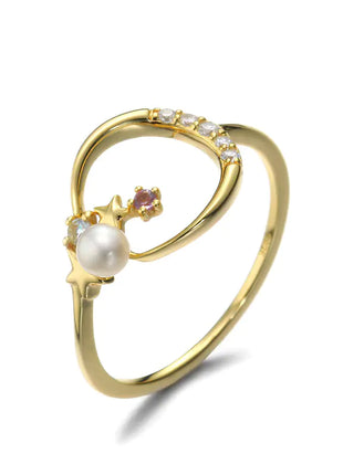 S925 Silver Minimalist Star Moon Amethyst Pearl Ring