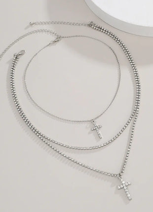 Creative Cross Necklace with Glass Rhinestones Layers
