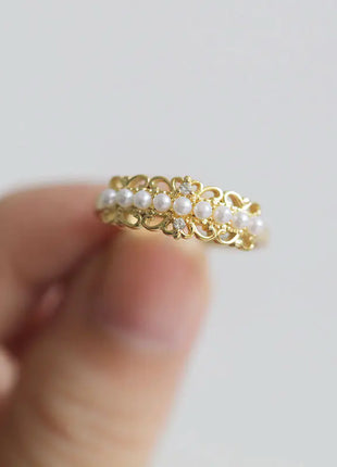 S925 Silver Hollow Crown Pearl Adjustable Ring
