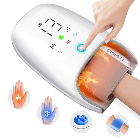 NXHMO wireless hand massager with heat, compression, 7 kneading rollers, touchscreen controls, and cooling fan