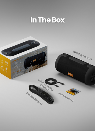 In The Box presentation showing a black WHALE portable speaker, its retail packaging box, a USB charging cable, a shoulder strap, and a user manual on a clean gray gradient background.