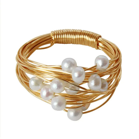 Handcrafted Metal Wire Pearl Stacking Ring for Women