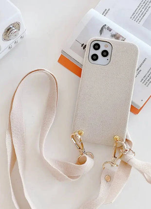 Plush diagonal lanyard phone case for iPhone with TPU protection in multiple colors