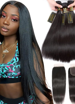 Straight Human Hair Bundles with Closure - 3 Bundles 16 18 20 inch with 14" 4x4