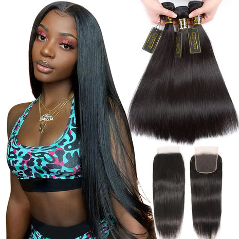 Straight Human Hair Bundles with Closure - 3 Bundles 16 18 20 inch with 14" 4x4