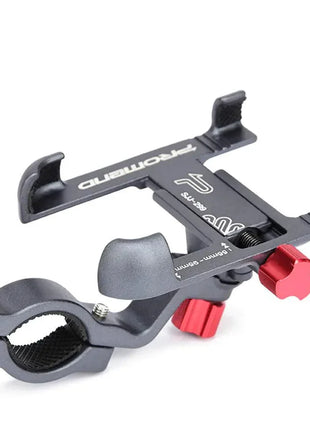 PROMEND Aluminum Alloy Phone Mount securely holding smartphone on bicycle handlebar with 360-degree rotation