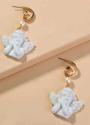 Cute White Angel Statue Earrings with C-Shaped Hooks