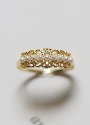 S925 Silver Hollow Crown Pearl Adjustable Ring