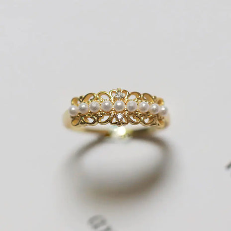 S925 Silver Hollow Crown Pearl Adjustable Ring