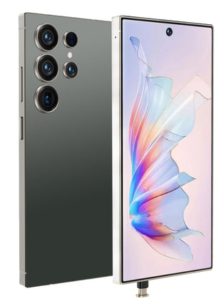 C25 Ultra Cell Phone in black with a slim metal frame, quad rear cameras, and colorful edge-to-edge display