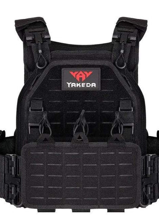 Black tactical vest for outdoor training with waterproof, wear-resistant fabric and multiple pockets